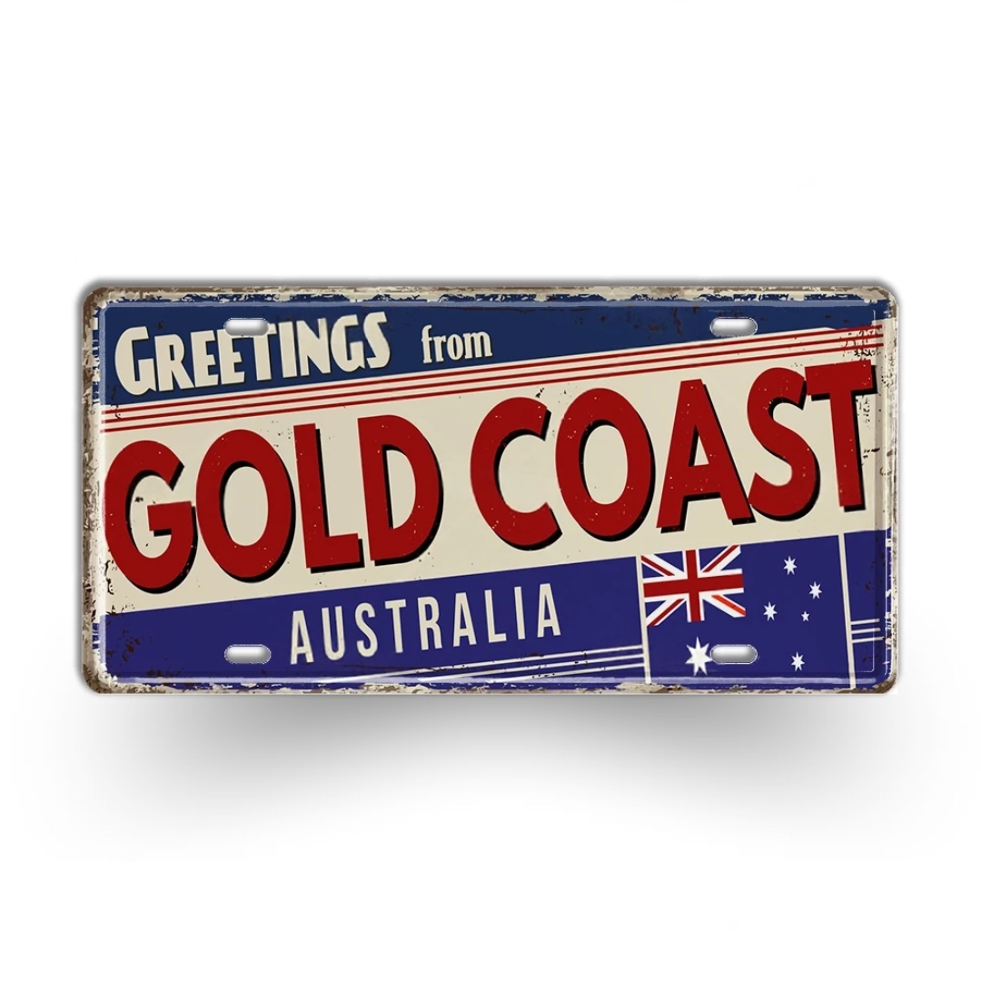 Vintage-style sign with 'Greetings from Gold Coast, Australia' text and Australian flag.