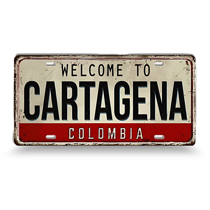 Vintage-style sign with 'Welcome to Cartagena, Colombia' text on a white background