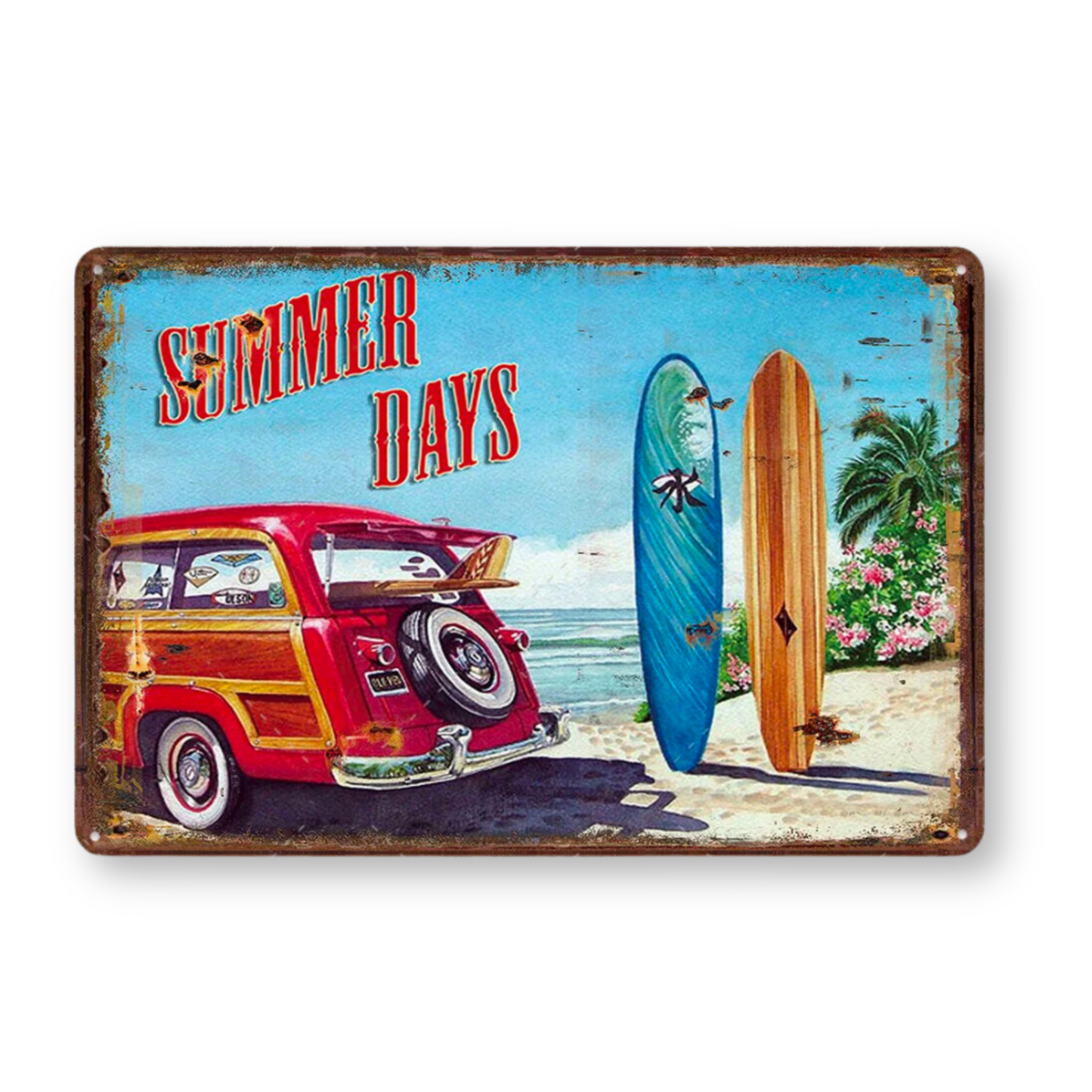Summer Beach Tin Sign • Vintage Surfing Metal Plaque • Seaside Surfboard Decorative HD Print Wall Hanging Decor for Surf Bar Beach House • Papagaio Studio Design Shop