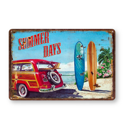 Summer Beach Tin Sign • Vintage Surfing Metal Plaque • Seaside Surfboard Decorative HD Print Wall Hanging Decor for Surf Bar Beach House • Papagaio Studio Design Shop