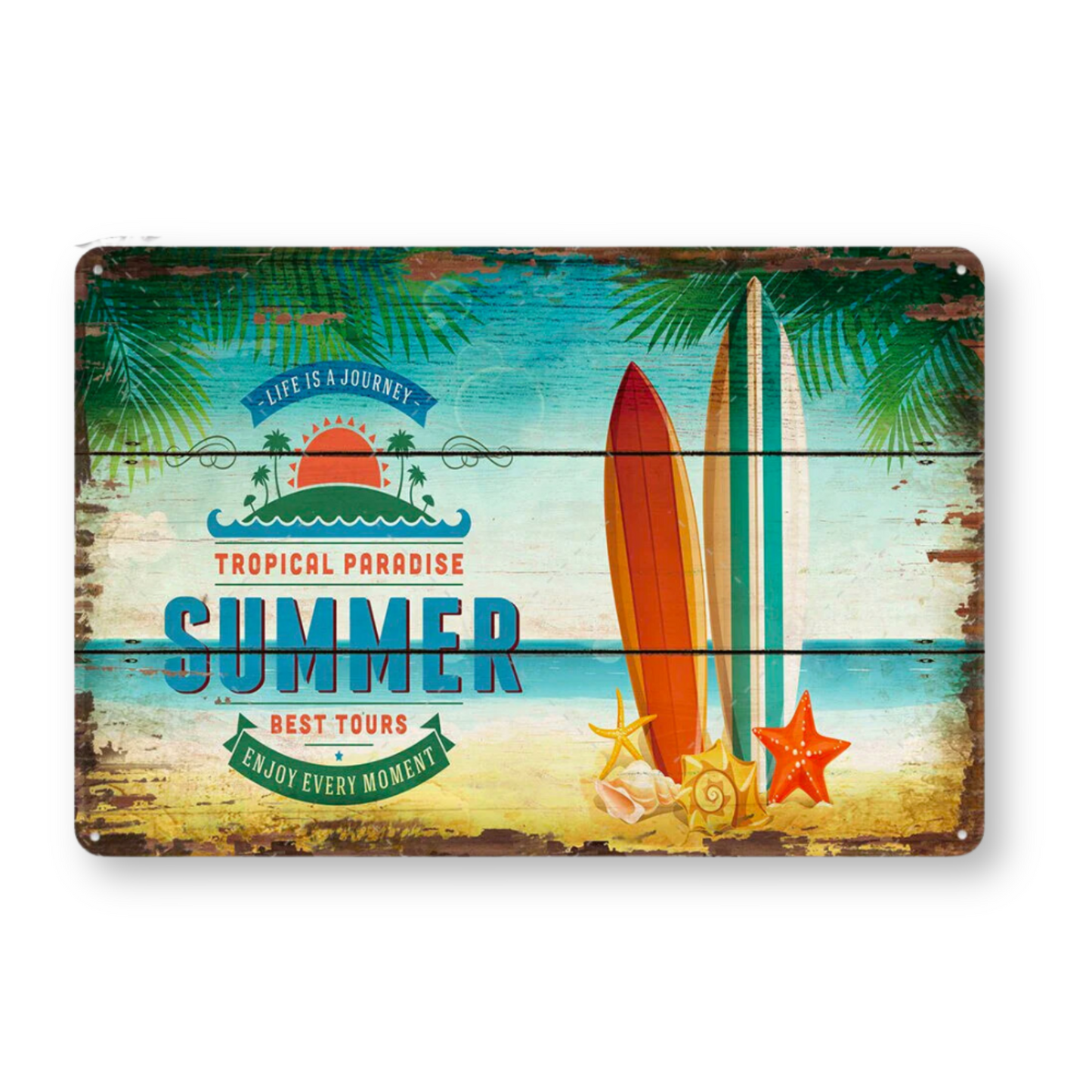 Summer Beach Tin Sign • Vintage Surfing Metal Plaque • Seaside Surfboard Decorative HD Print Wall Hanging Decor for Surf Bar Beach House • Papagaio Studio Design Shop