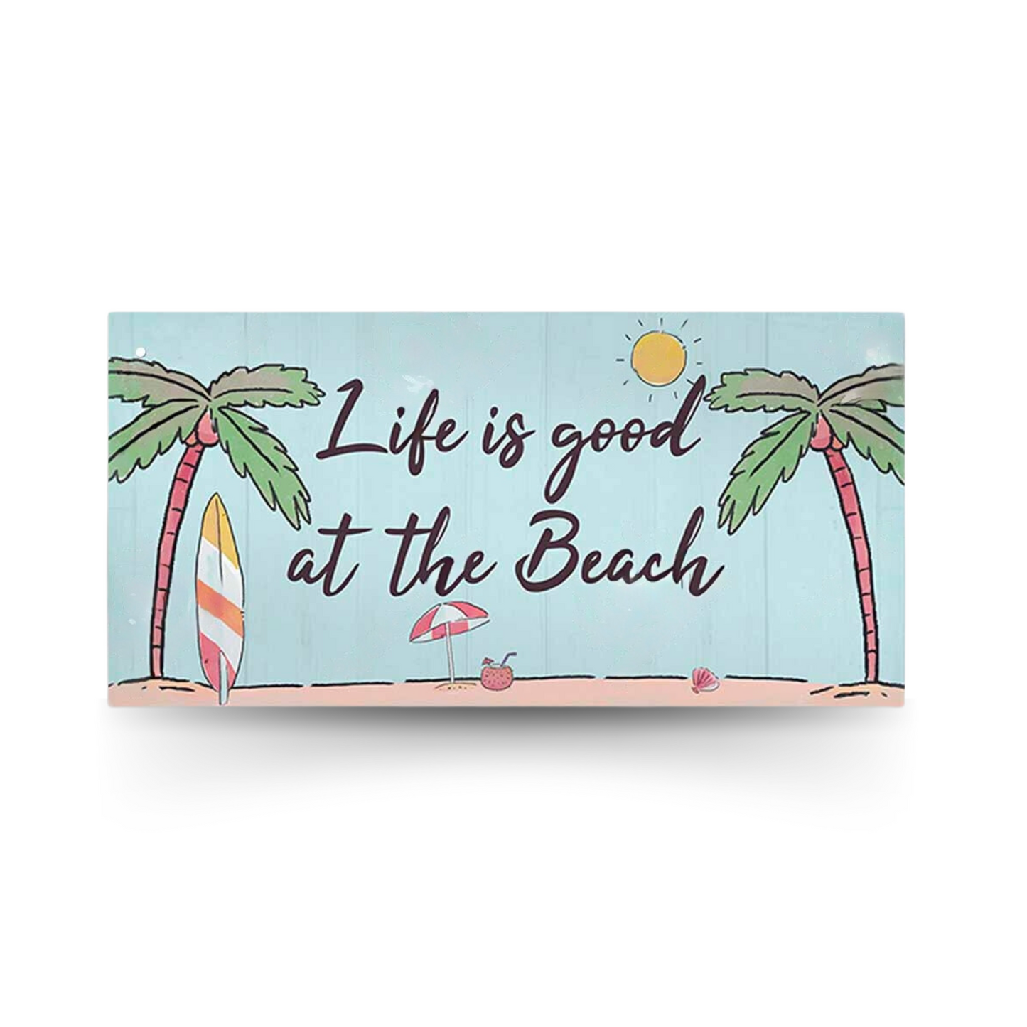 Beach Wood Sign • Summer Happy Quote Wooden Plaque • Sun Flip Flop Coastal Art MDF Print • Tropical Seaside Home Decor Art Piece • Papagaio Studio Design Shop