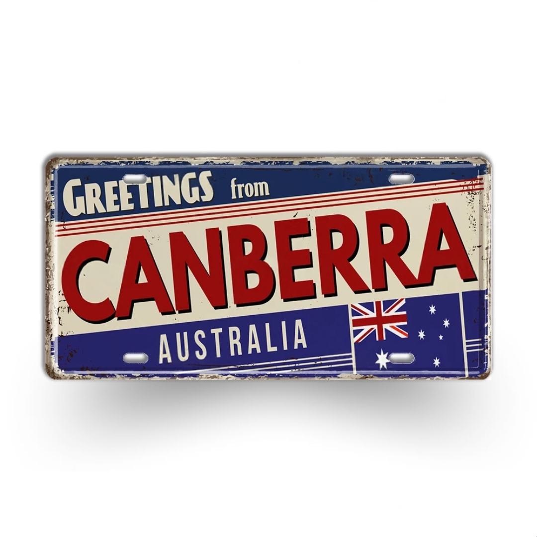 Vintage-style sign with 'Greetings from Canberra, Australia' text and Australian flag.