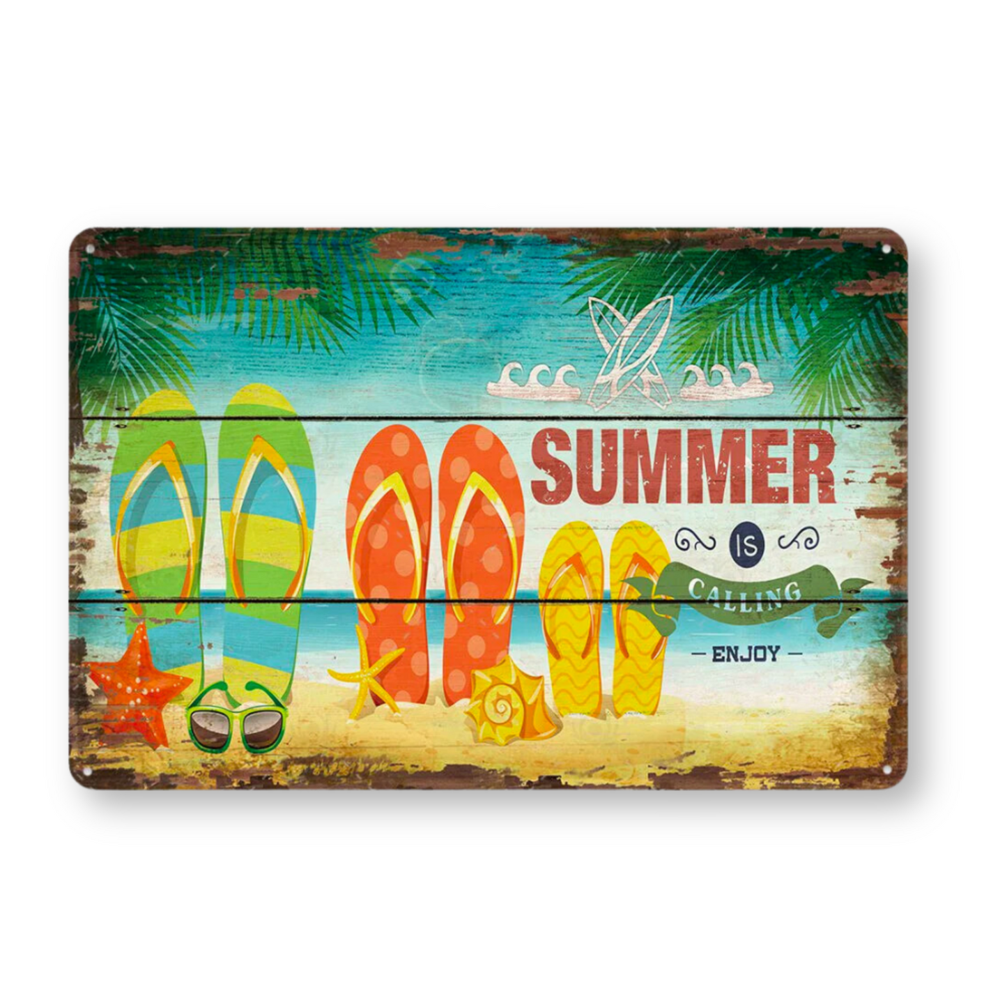 Summer Beach Tin Sign • Vintage Surfing Metal Plaque • Seaside Surfboard Decorative HD Print Wall Hanging Decor for Surf Bar Beach House • Papagaio Studio Design Shop