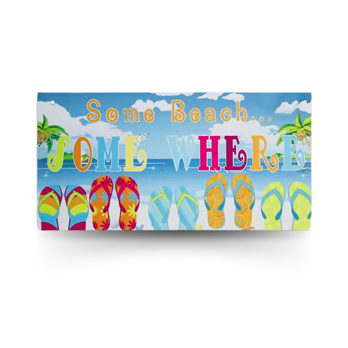 Beach Wood Sign • Summer Happy Quote Wooden Plaque • Sun Flip Flop Coastal Art MDF Print • Tropical Seaside Home Decor Art Piece • Papagaio Studio Design Shop