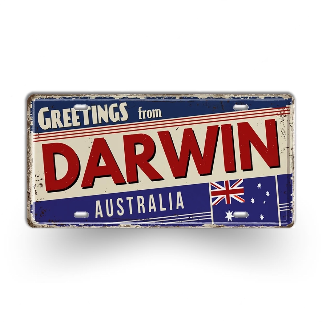 Vintage-style sign with 'Greetings from Darwin Australia' text and Australian flag.