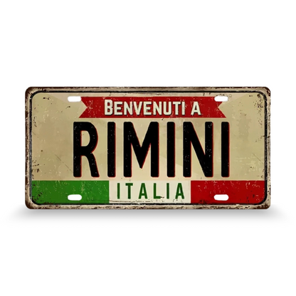 Decorative sign with 'Benvenuti a Rimini Italia' text on a beige background • Papagaio Studio Art Shop