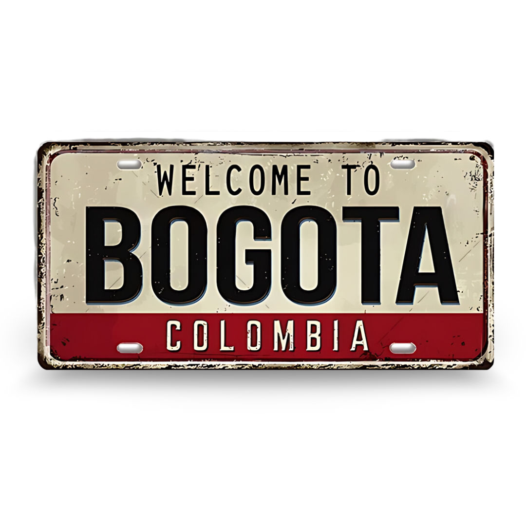 Decorative sign with 'Welcome to Bogota Colombia' text on a white background