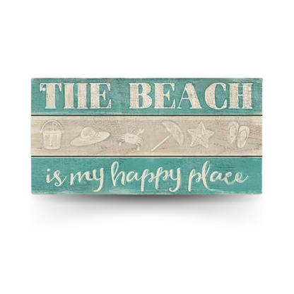 Beach Wood Sign • Summer Happy Quote Wooden Plaque • Sun Flip Flop Coastal Art MDF Print • Tropical Seaside Home Decor Art Piece • Papagaio Studio Design Shop