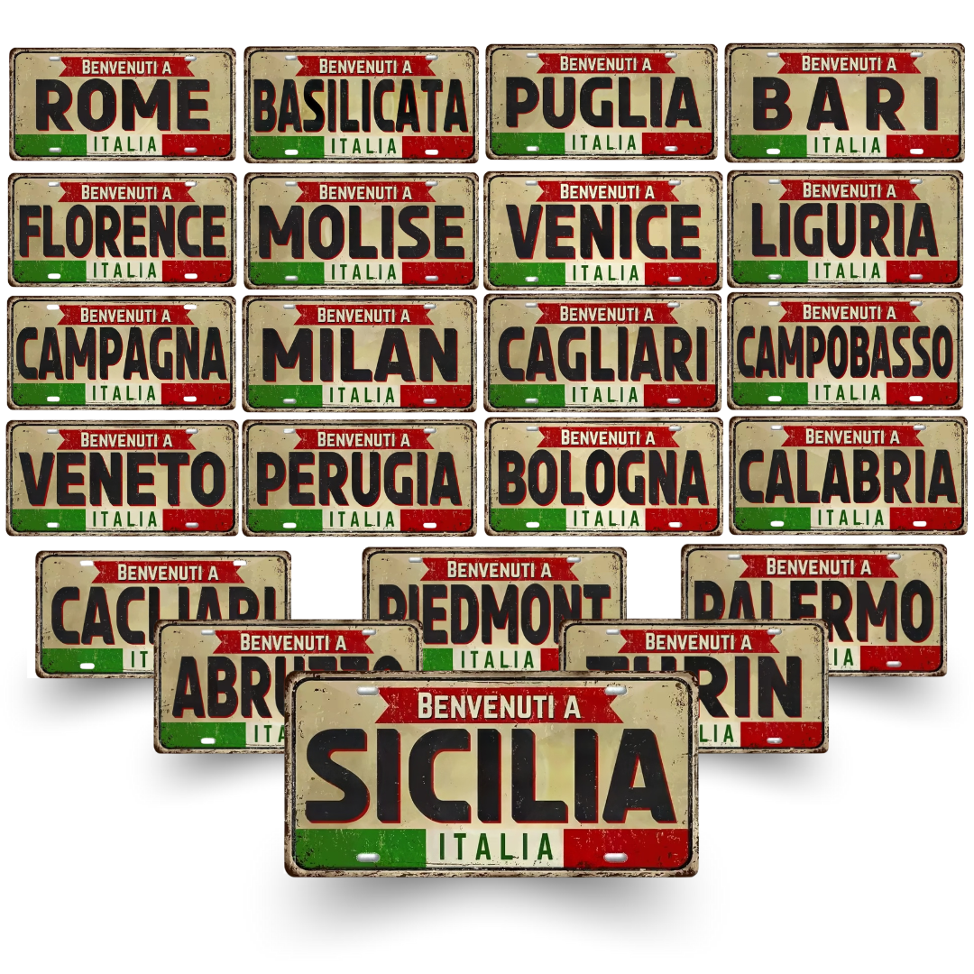 Collection of Italian city license plates with various regions displayed.