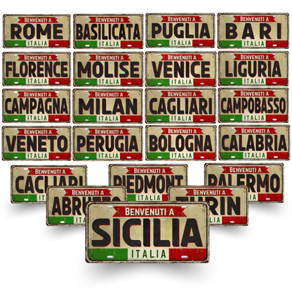 Collection of Italian city license plates with various regions displayed.