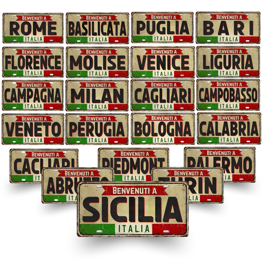 Collection of Italian city license plates with various regions displayed.