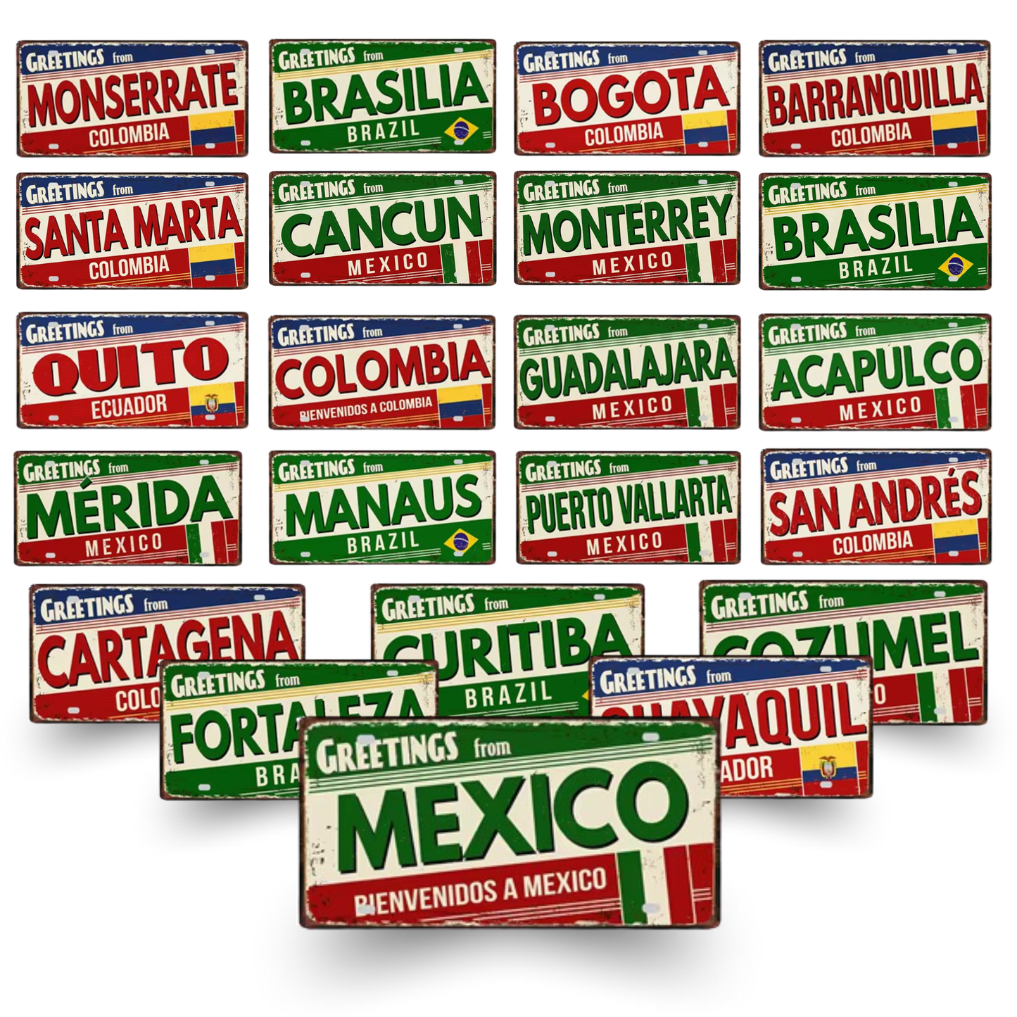Colombia Mexico Brazil City Tin Sign • Latin America Tourist Souvenir Metal Plaque • Shabby Chic Home Decor Wall Art Gift For Latino