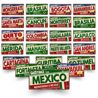 Colombia Mexico Brazil City Tin Sign • Latin America Tourist Souvenir Metal Plaque • Shabby Chic Home Decor Wall Art Gift For Latino