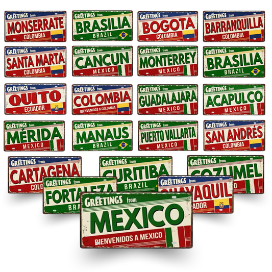 Colombia Mexico Brazil City Tin Sign • Latin America Tourist Souvenir Metal Plaque • Shabby Chic Home Decor Wall Art Gift For Latino