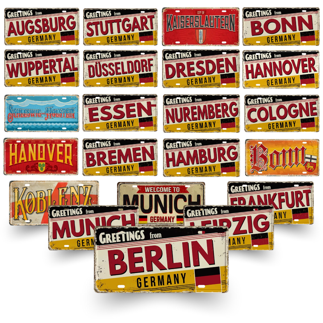 Collection of vintage-style license plates with German cities and greetings.