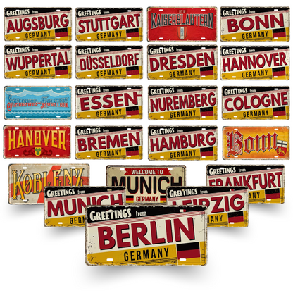 Collection of vintage-style license plates with German cities and greetings.