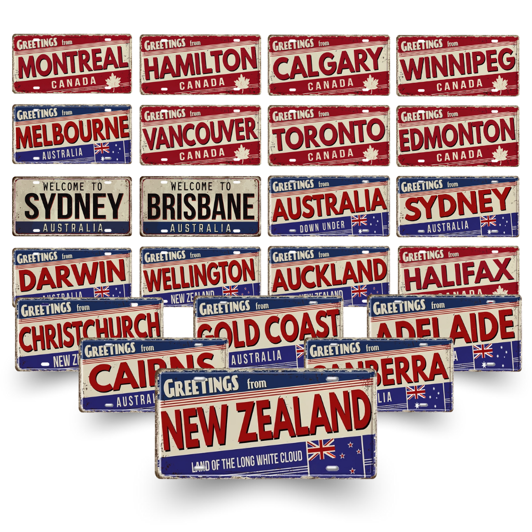 Collection of decorative license plates with city names and flags from Australia, New Zealand and Canada.