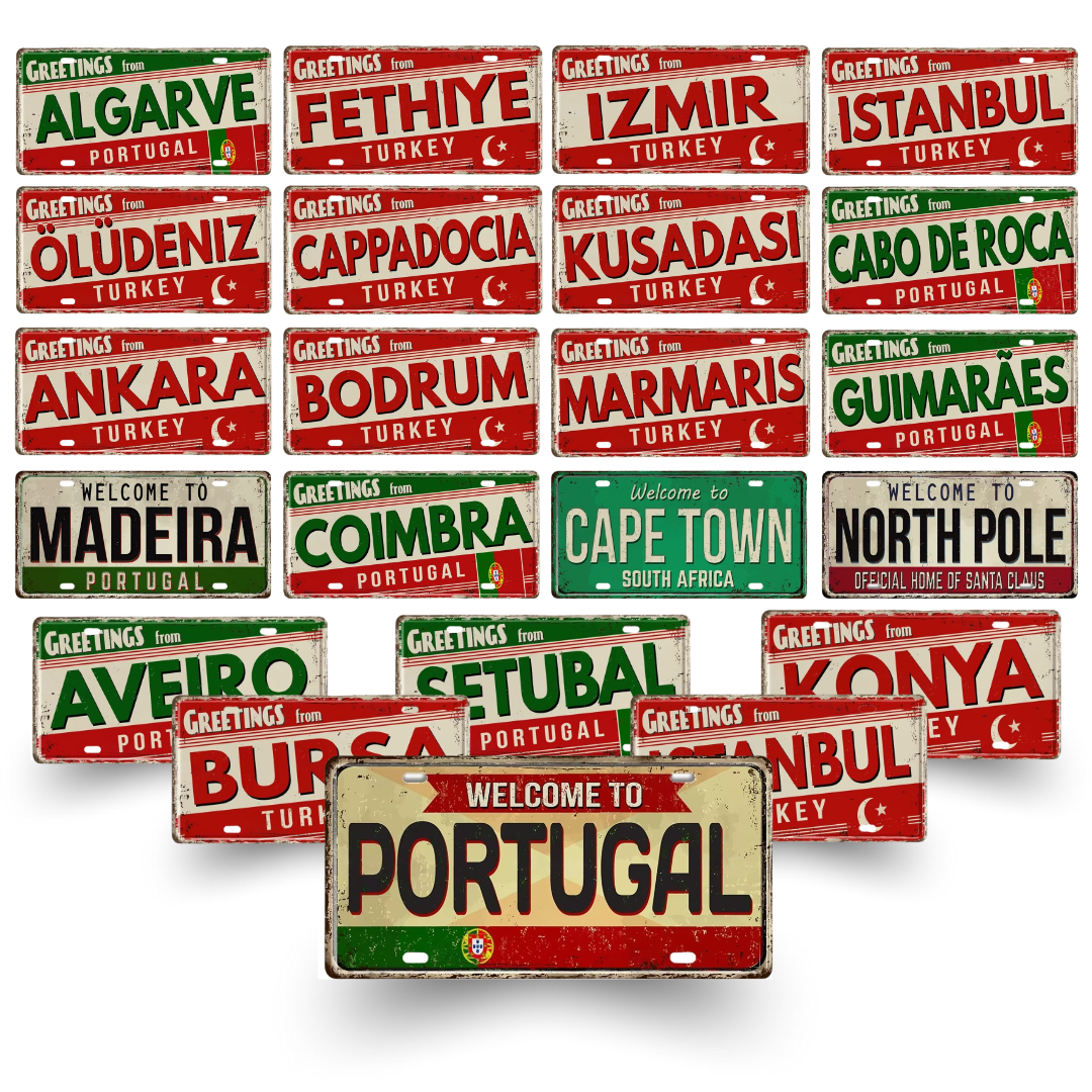 Collection of license plates with various destinations and greetings on a white background
