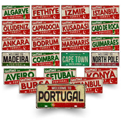 Collection of license plates with various destinations and greetings on a white background