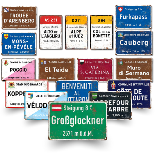 Collection of various road signs with different languages and information on a white background
