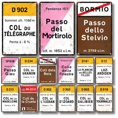 Iconic Alpine Cycling Climb Metal Sign – Vintage Road Plaque with Classic Mountain Pass Landmarks (Stelvio, Galibier, Tourmalet, Croix de Fer & More) – 11.8" x 7.8" (30 x 20 cm) Tin Wall Decor