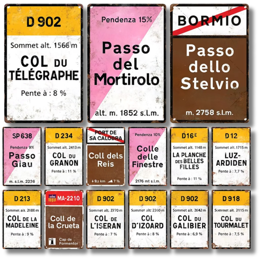 Iconic Alpine Cycling Climb Metal Sign – Vintage Road Plaque with Classic Mountain Pass Landmarks (Stelvio, Galibier, Tourmalet, Croix de Fer & More) – 11.8" x 7.8" (30 x 20 cm) Tin Wall Decor