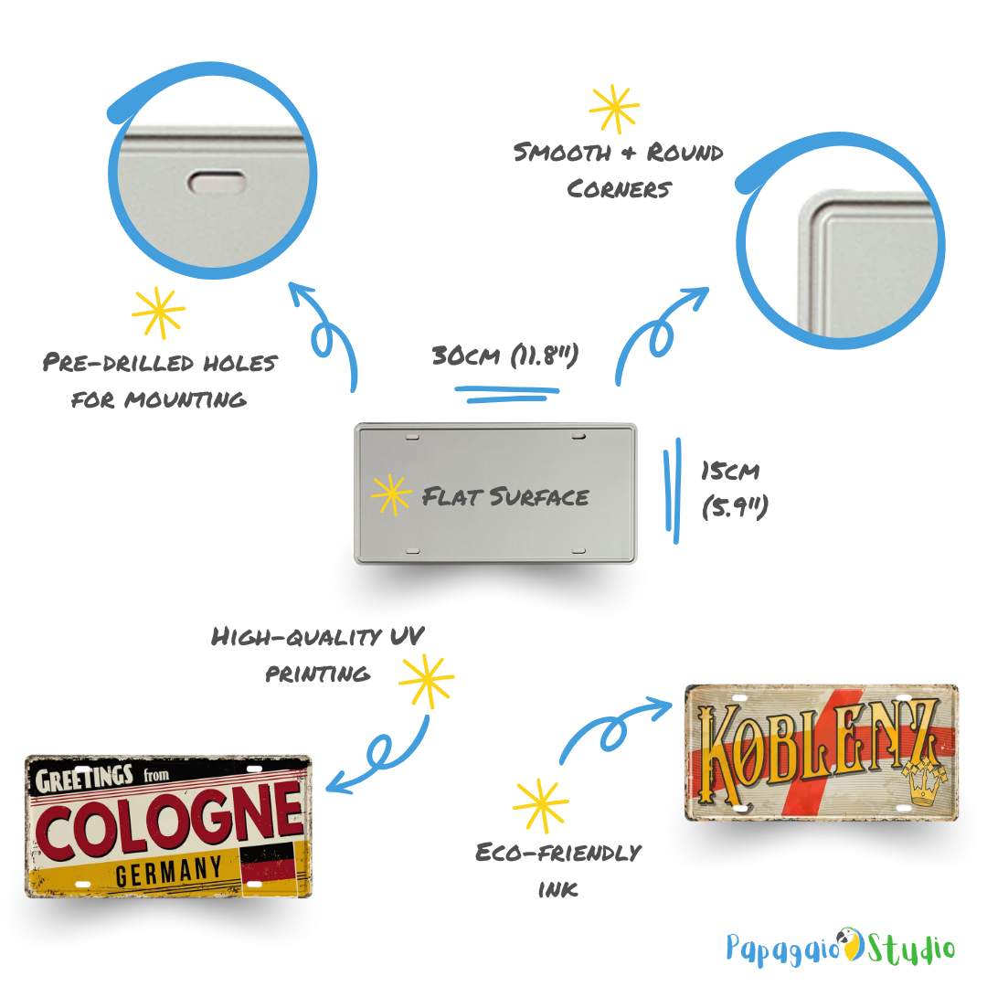 License plate with features and examples of printed designs on a white background