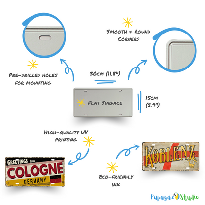 License plate with features and examples of printed designs on a white background