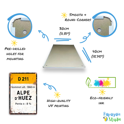 Metal sign with specifications and features on a white background