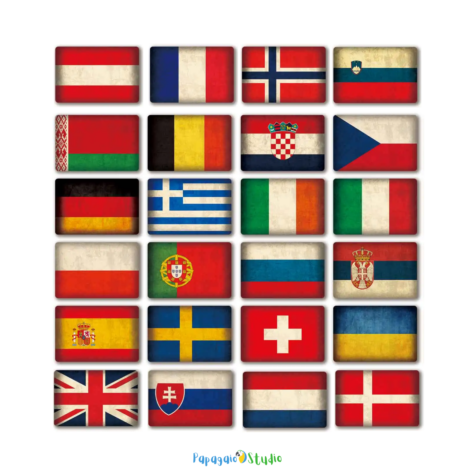 Europe National Flags Tin Sign • Retro Country Metal Print • Vintage European Nations Wall Art Decor For Home, Bar, Office, Cafe • Papagaio Studio Design Shop