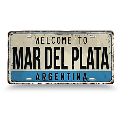 Decorative sign with 'Welcome to Mar Del Plata, Argentina' text on a white background