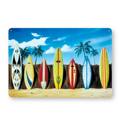 Summer Beach Tin Sign • Vintage Surfing Metal Plaque • Seaside Surfboard Decorative HD Print Wall Hanging Decor for Surf Bar Beach House • Papagaio Studio Design Shop