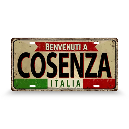 Decorative sign with 'Benvenuti a Cosenza Italia' text on a white background • Papagaio Studio Art Shop