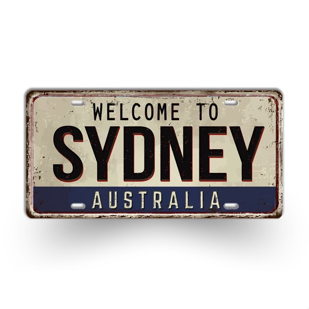 Vintage-style sign with 'Welcome to Sydney Australia' text on a white background