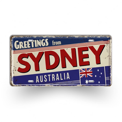 Vintage-style sign with 'Greetings from Sydney Australia' text and Australian flag.