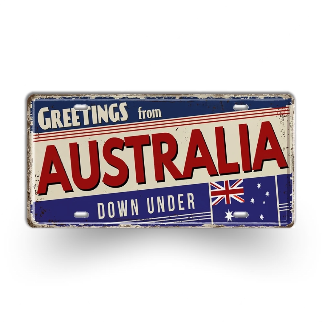 Vintage-style sign with 'Greetings from Australia Down Under' text and Australian flag on a white background