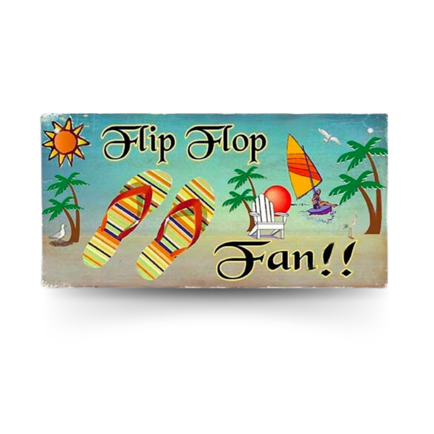 Beach Wood Sign • Summer Happy Quote Wooden Plaque • Sun Flip Flop Coastal Art MDF Print • Tropical Seaside Home Decor Art Piece • Papagaio Studio Design Shop