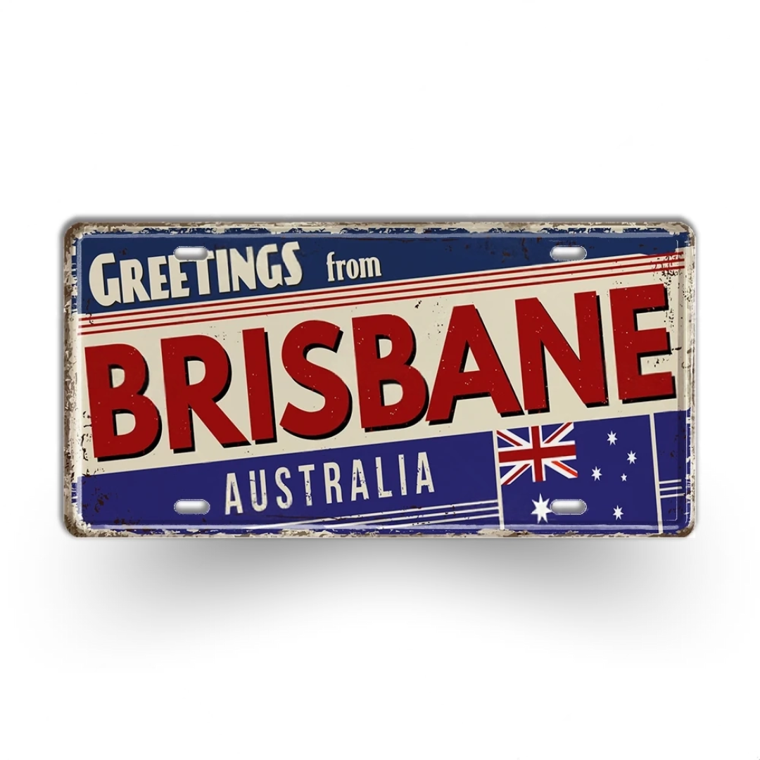 Vintage-style sign with 'Greetings from Brisbane Australia' text and Australian flag.