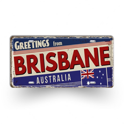 Vintage-style sign with 'Greetings from Brisbane Australia' text and Australian flag.
