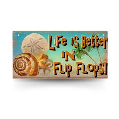 Beach Wood Sign • Summer Happy Quote Wooden Plaque • Sun Flip Flop Coastal Art MDF Print • Tropical Seaside Home Decor Art Piece • Papagaio Studio Design Shop