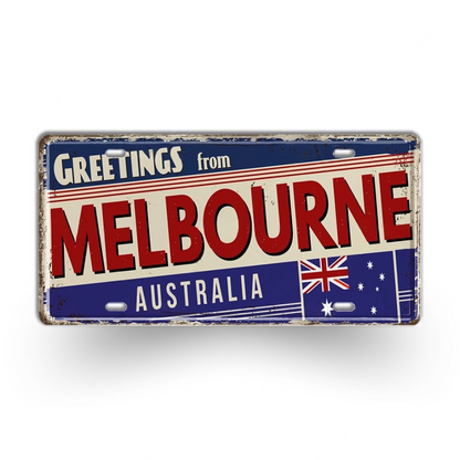 Vintage-style sign with 'Greetings from Melbourne, Australia' text and Australian flag.
