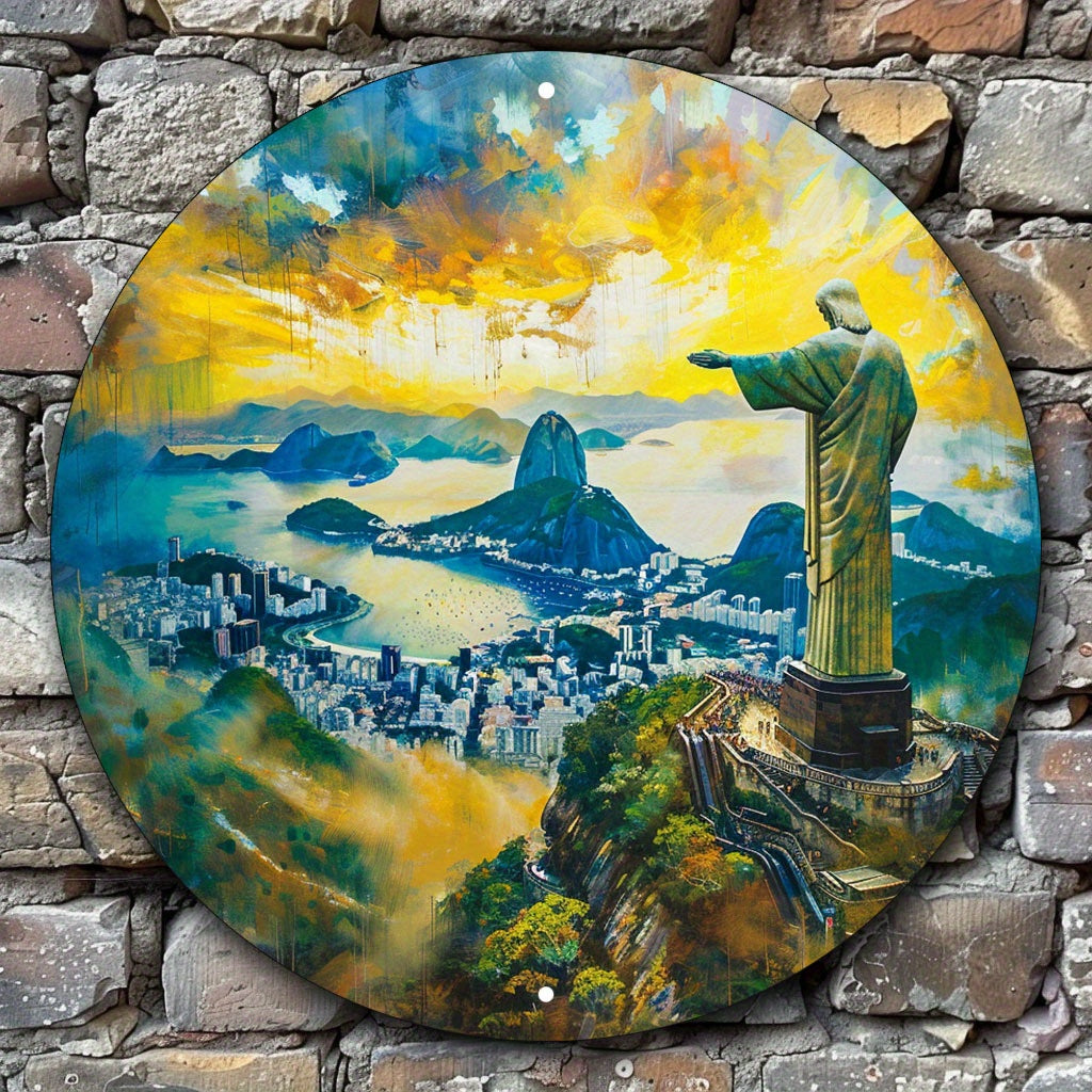 Christ The Redeemer Round Metal Print • Sunset Over Rio De Janeiro Tin Sign • Brazil Wall Art Decor Gift For Brazilian • Papagaio Studio Decor Shop