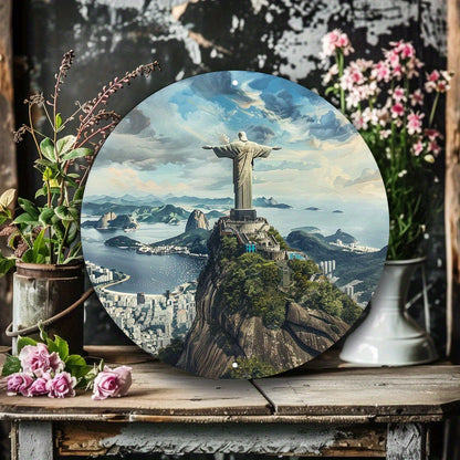 Christ The Redeemer Round Metal Print • Cityscape Wonder Rio De Janeiro Tin Sign • Brazil Wall Art Decor Gift For Brazilian • Papagaio Studio Decor Shop