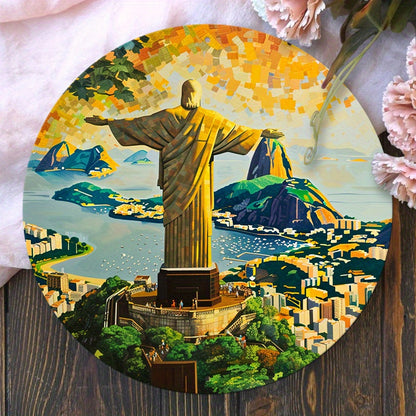 Christ The Redeemer Round Metal Print • Morning Glory Rio De Janeiro Tin Sign • Brazil Wall Art Decor Gift For Brazilian • Papagaio Studio Decor Shop