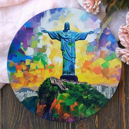Christ The Redeemer Round Metal Print • Tropical Vibrance Rio De Janeiro Tin Sign • Brazil Wall Art Decor Gift For Brazilian • Papagaio Studio Shop