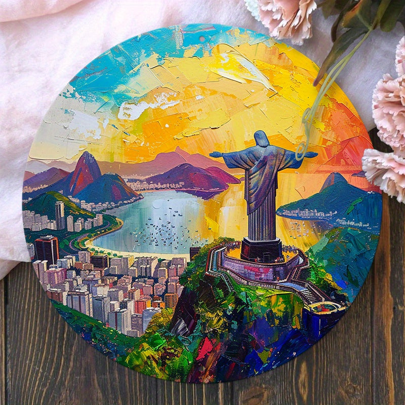 Christ The Redeemer Round Metal Print • Golden Hour Rio De Janeiro Tin Sign • Brazil Wall Art Decor Gift For Brazilian • Papagaio Studio Decor Shop