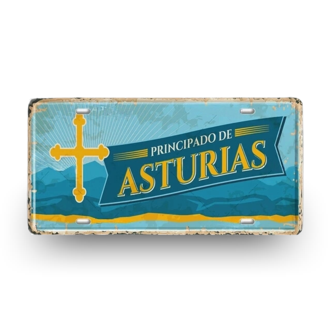 Asturias Spain License Plate Tin Sign - Vintage northern Spain metal print souvenir