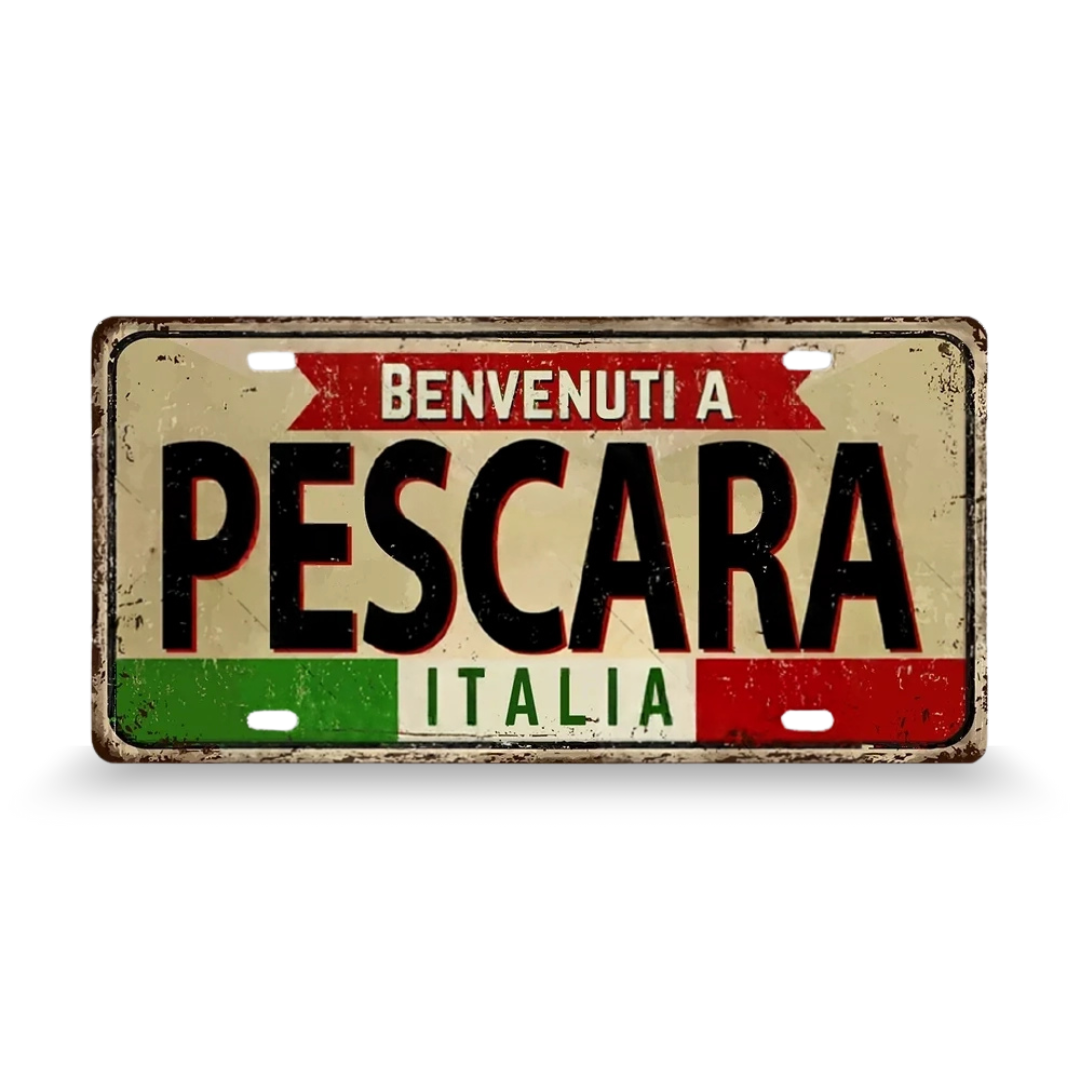 Decorative sign with 'Benvenuti a Pescara Italia' text on a white background • Papagaio Studio Art Shop