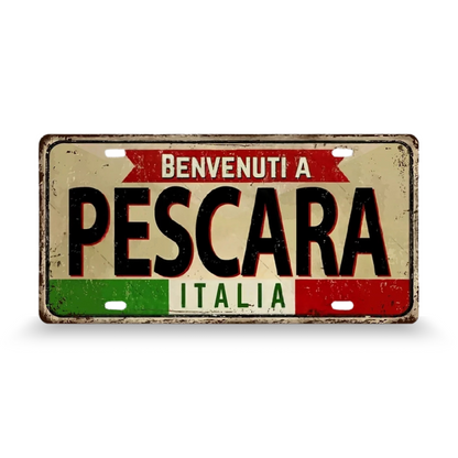Decorative sign with 'Benvenuti a Pescara Italia' text on a white background • Papagaio Studio Art Shop